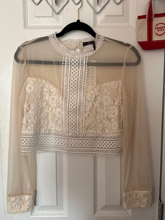 Delicate Lace Overlay Long-Sleeve Top — Cream - Picture 6 of 14